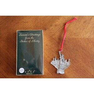 Vintage Statue Of Liberty Seasons Greetings Pewter Christmas Ornament Fort USA